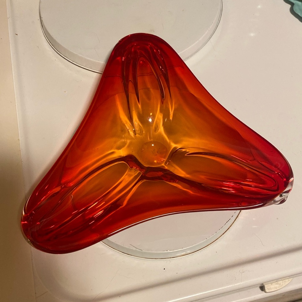 VTG Murano Venetian Art Glass Bowl Ashtray Footed Red Amber Yellow MCM